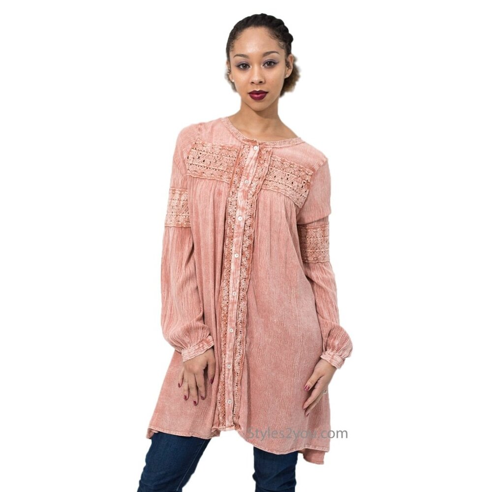 Easel Delaware Button Down Mineral Washed‎ Long Tunic Pink Rose NWT Sz M